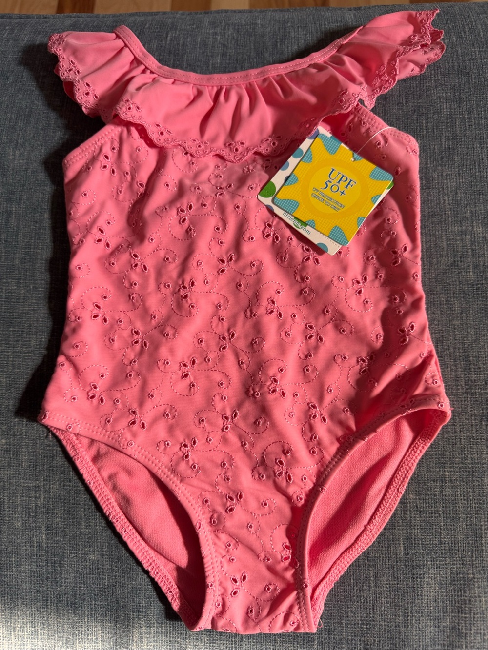Little Me Pink Eyelet Ruffle Swim Bodysuit with adorable bow in back